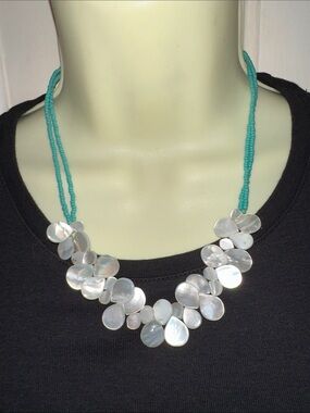 Mother-of-Pearl Teardrop Statement Necklace with Turquoise Beaded Cord Chain